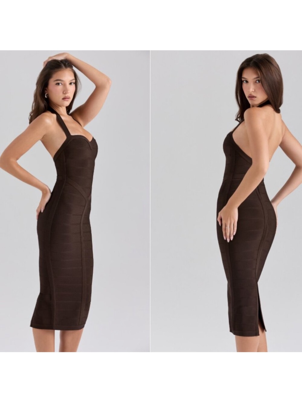 House of CB Brown The Supermodel Halter Neck Bandage Midi Dress - Picture 2 of 9